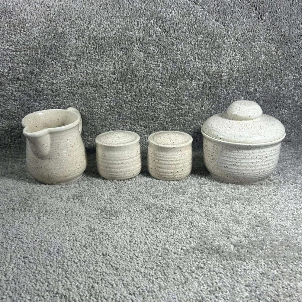 Churchill England Stoneware Creamer Sugar Salt‎ Pepper Set Cream Speckled 4pc